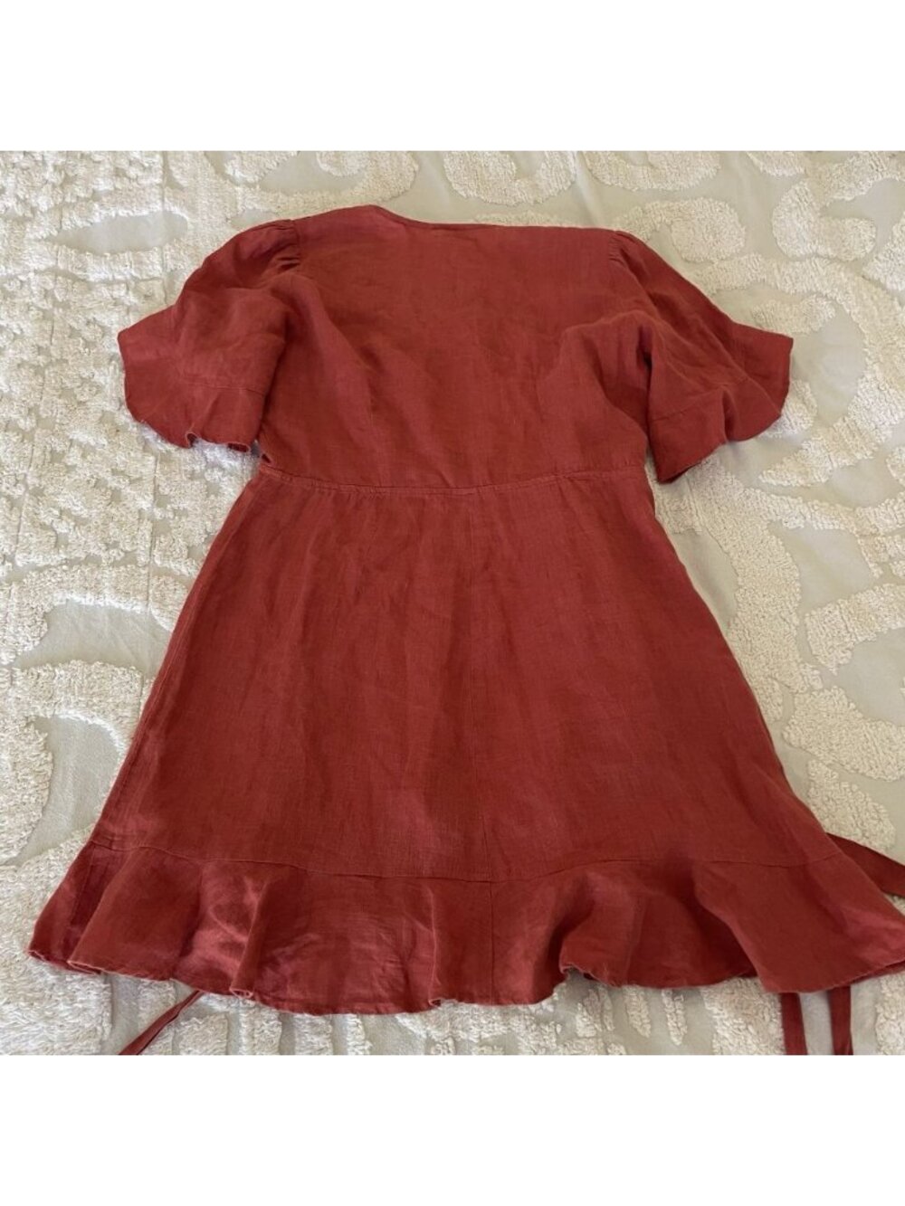 Honorine Edie Linen Ruffle Wrap Mini Dress Terracotta European Summer Boho Chic - Picture 13 of 13